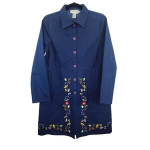 Vintage Mia Nola Womens M Dark Blue Floral Embroidered Shirt Dress With Pockets